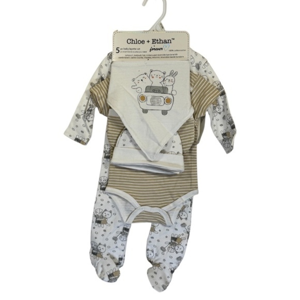 Infant Boys Layette 0-3 Months 5 pc Set Biege White Animal Theme Sleeper